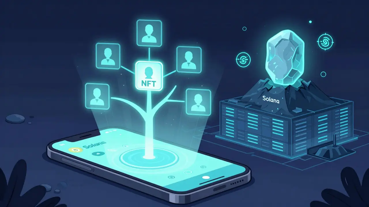 A phone projecting a holographic Merkle tree proving NFT ownership and non-membership, with Solana’s compressed data as a glowing stone.