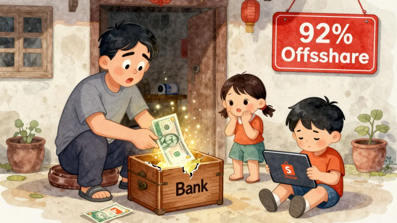 A rural Vietnamese family receives remittance through crypto, with a child shopping online as a warning sign looms.