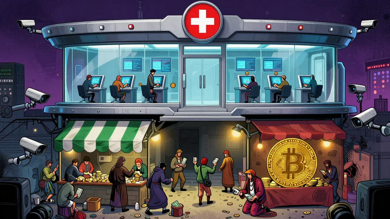 A split scene: upscale Swiss crypto bank above, chaotic P2P market below, in vibrant cartoon concept art style.