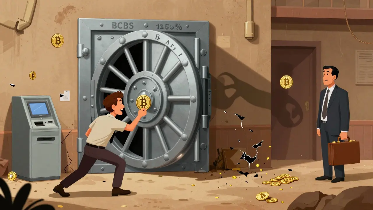 A trader struggling to deposit Bitcoin into a bank door blocked by the BCBS 1250% rule, while only institutional investors can enter.