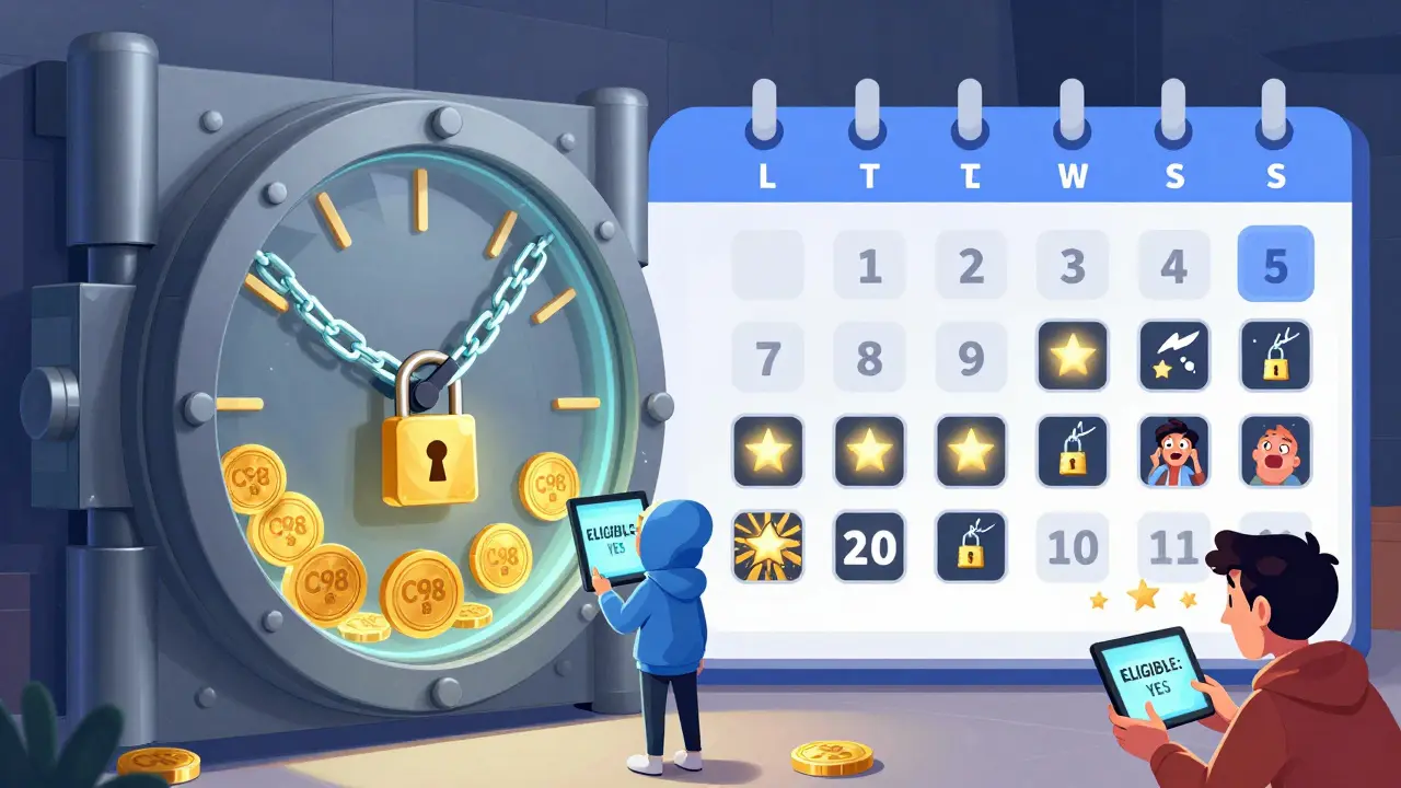 A vault with locked C98 tokens and a 30-day countdown, showing users reacting to snapshot deadlines.