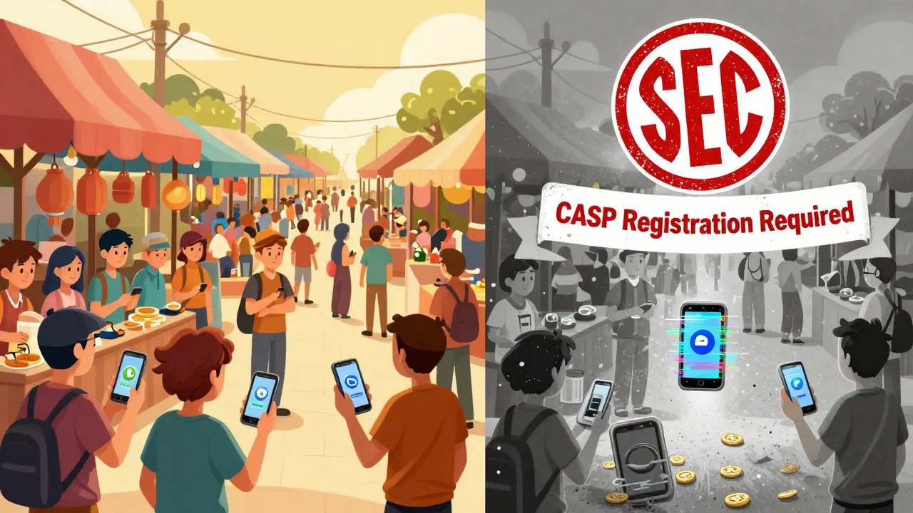 A vibrant crypto marketplace splits into frozen chaos as an SEC stamp descends, symbolizing regulatory enforcement.