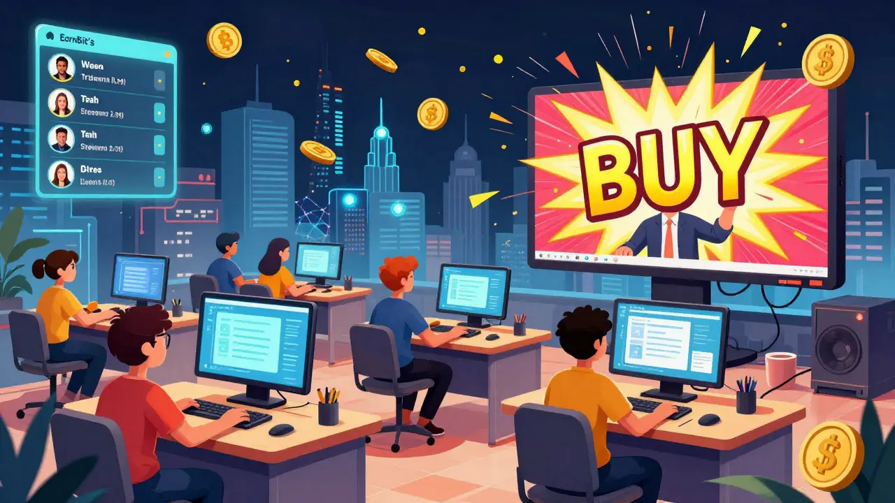 A virtual crypto classroom with learners watching multiple live streams and EBT tokens raining down.