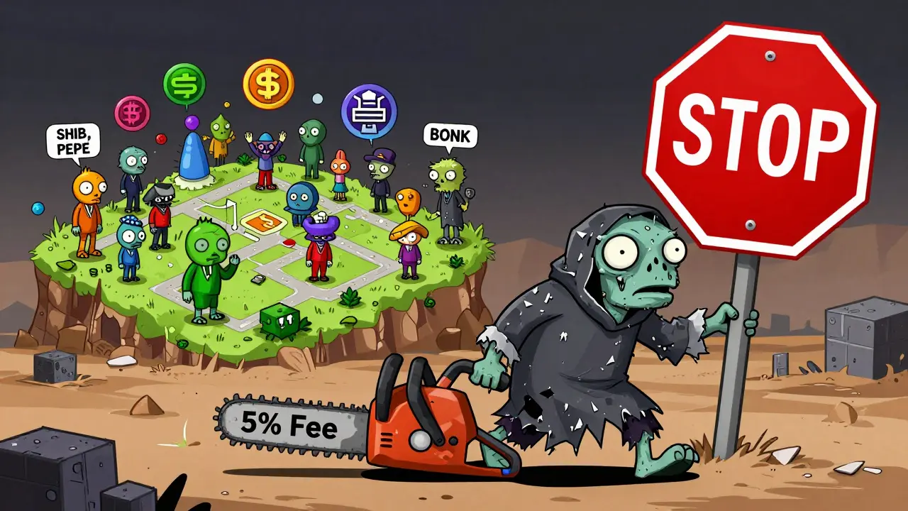 A zombie DGMOON token drags a fee chainsaw through a dead blockchain, while active crypto projects thrive nearby.