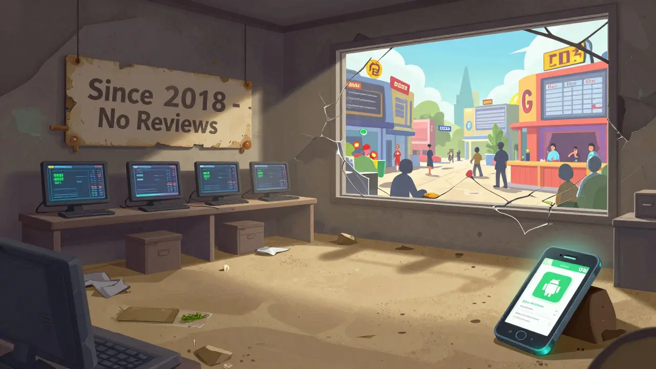 An empty DOBI Exchange trading floor with a glowing Android phone in the corner, while vibrant crypto hubs shine outside.