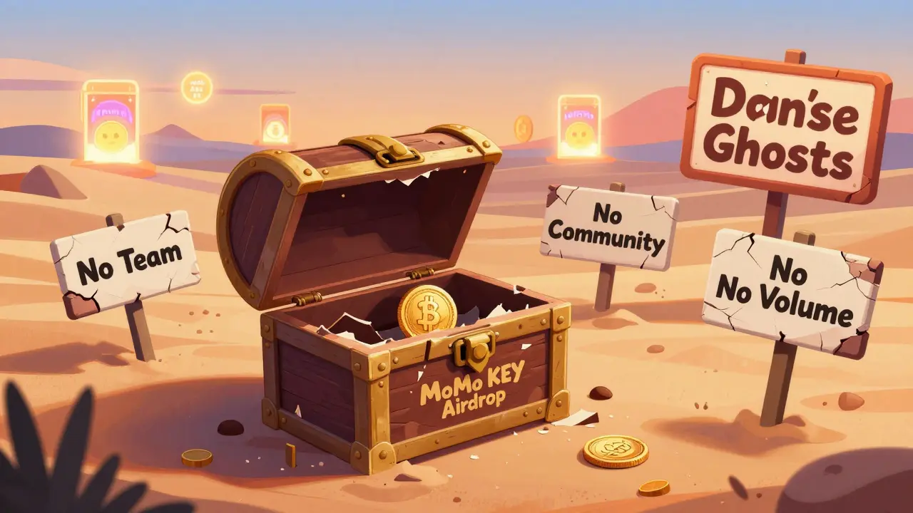 An open treasure chest with a single coin inside, surrounded by signs of neglect in a crypto desert.