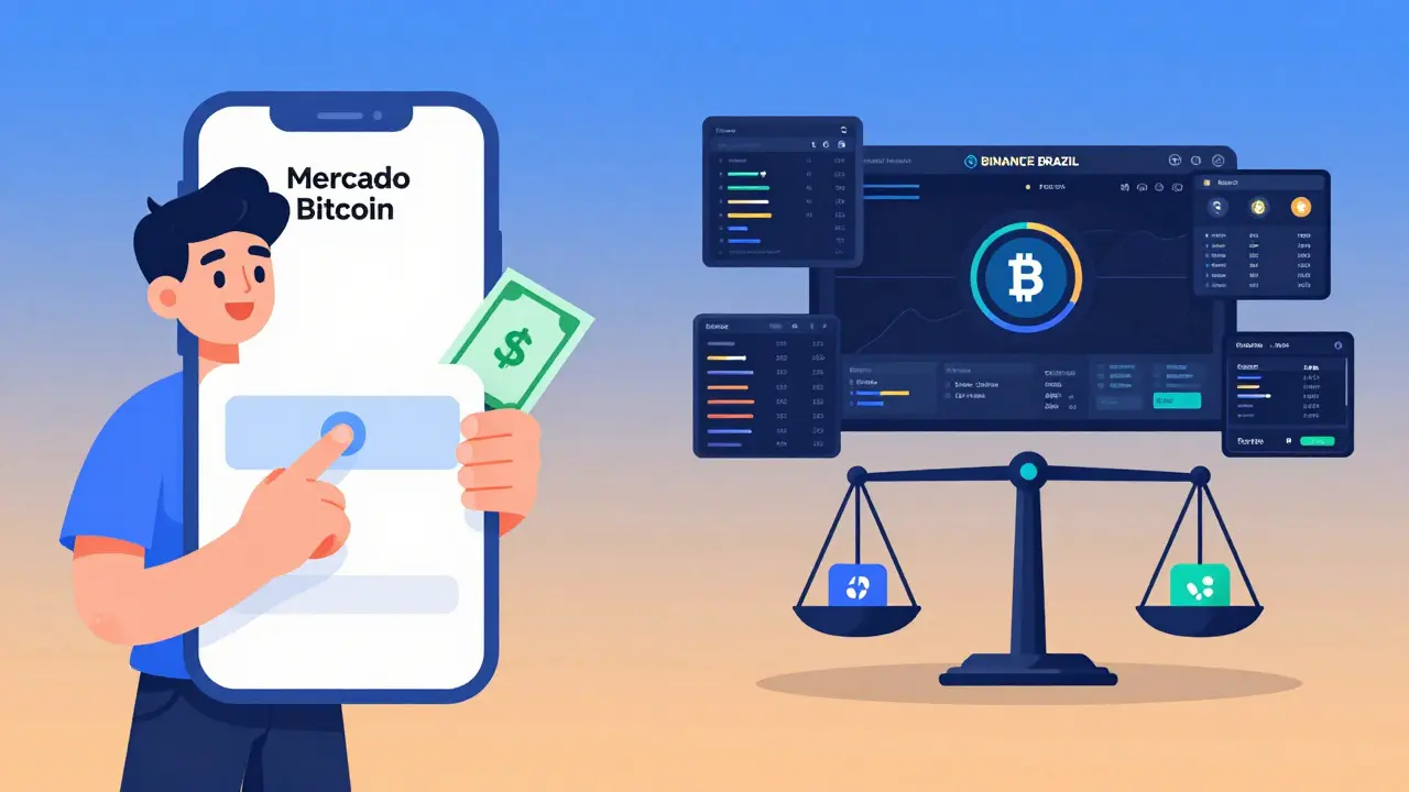 Beginner vs. expert trader comparing simple and complex crypto interfaces.