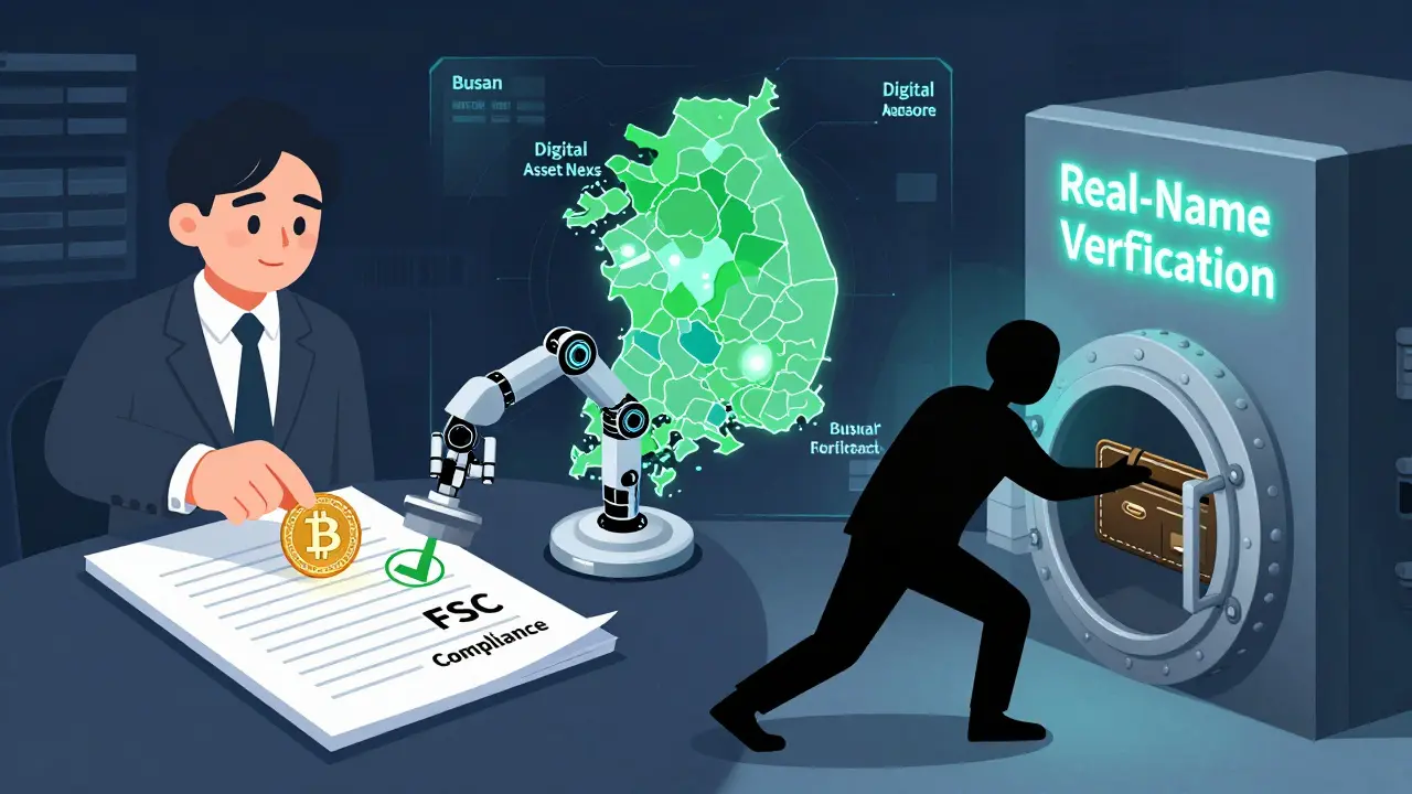 Businessman adding Bitcoin to corporate ledger while anonymous wallet is blocked by real-name verification wall.