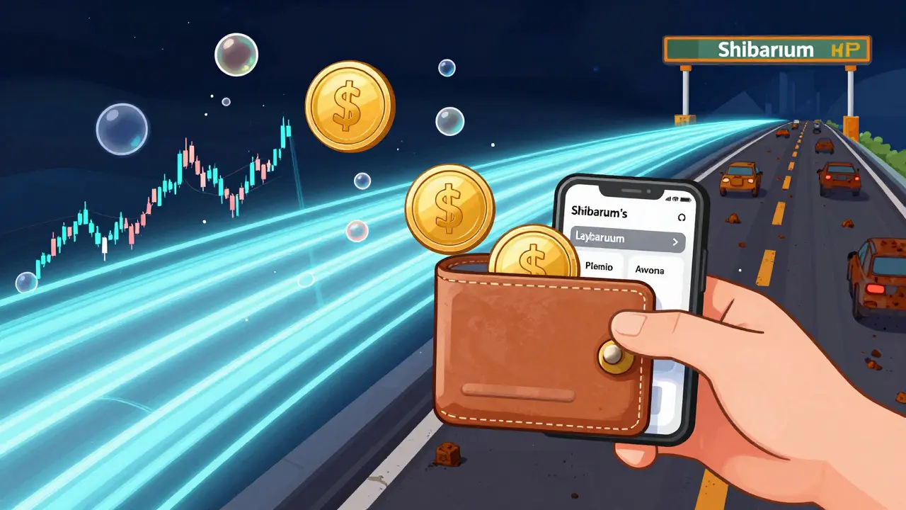 Calm SHI coins drifting peacefully while wild SHIB coins bounce chaotically beside a fast blockchain highway.