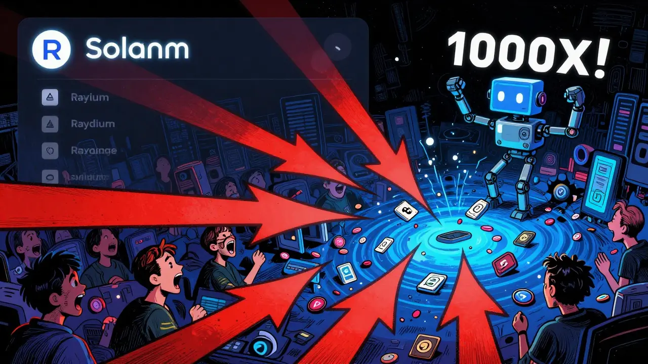 Chaotic Raydium exchange interface with slippage arrows and bots spamming '1000X!' over dead tokens.