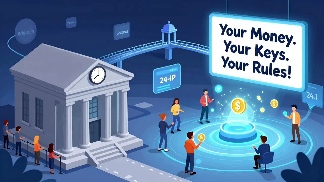 Contrast between slow traditional bank and fast, global DeFi plaza with Layer 2 networks as bridges overhead.