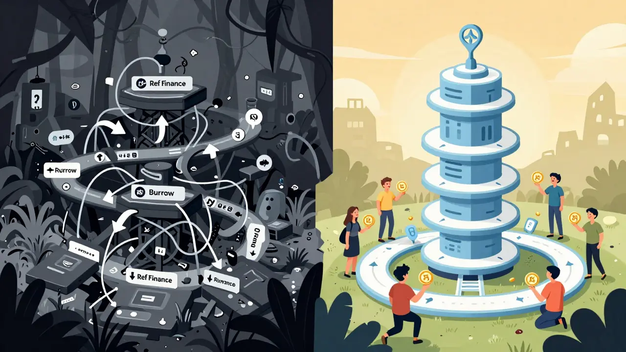 Contrasting chaotic DeFi platforms versus clean, unified Rhea Finance tower in stylized concept art.