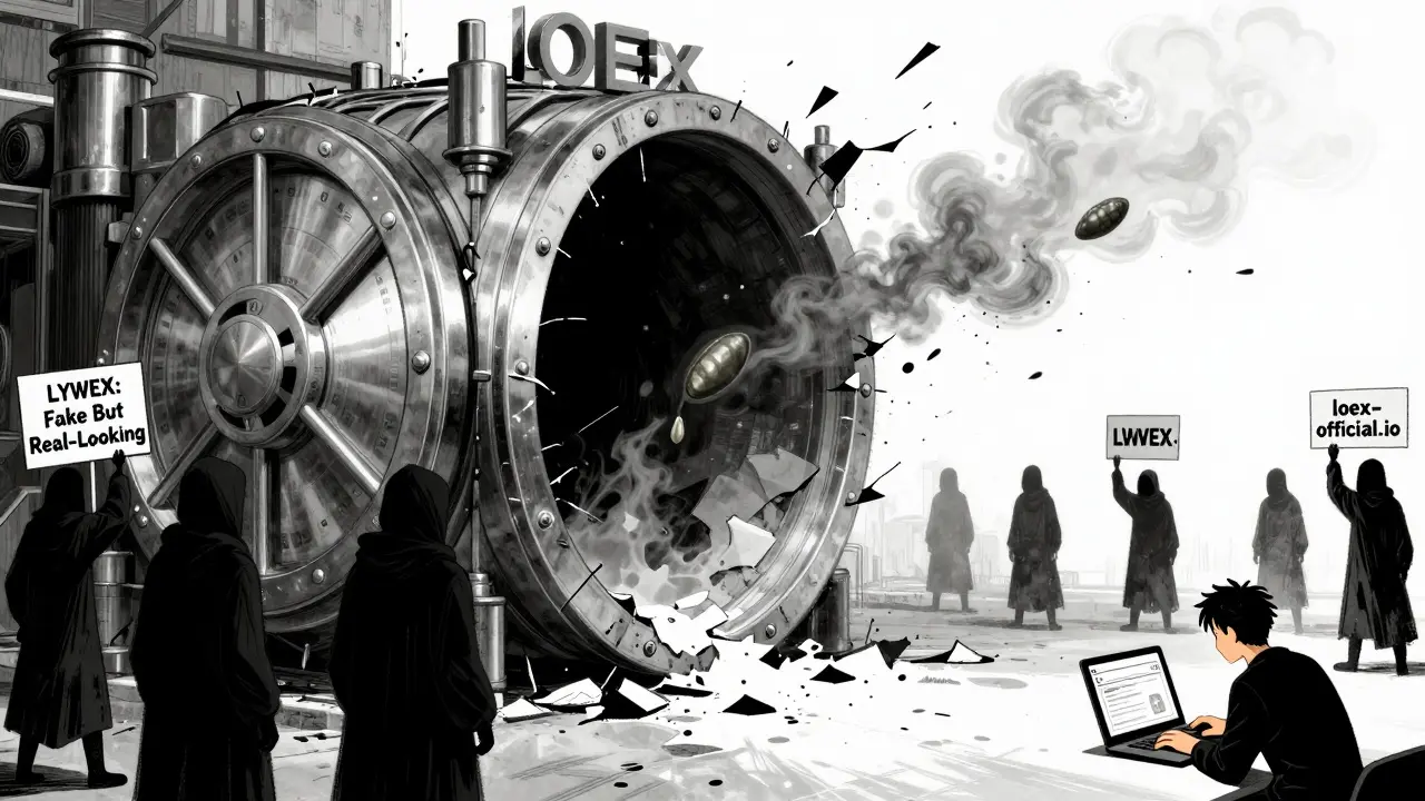 Cracked vault of LOEx revealing emptiness while shadowy scammers promote fake sites nearby.