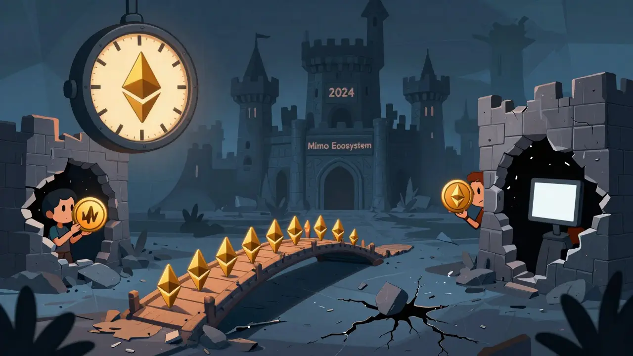 Fragile bridge to an abandoned DeFi castle with flickering gas fees and unstable ground.