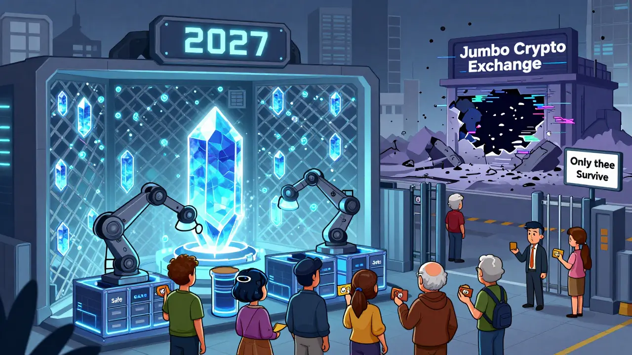 Futuristic crypto fortress with quantum encryption, users safe outside, while a scam site crumbles into digital dust.