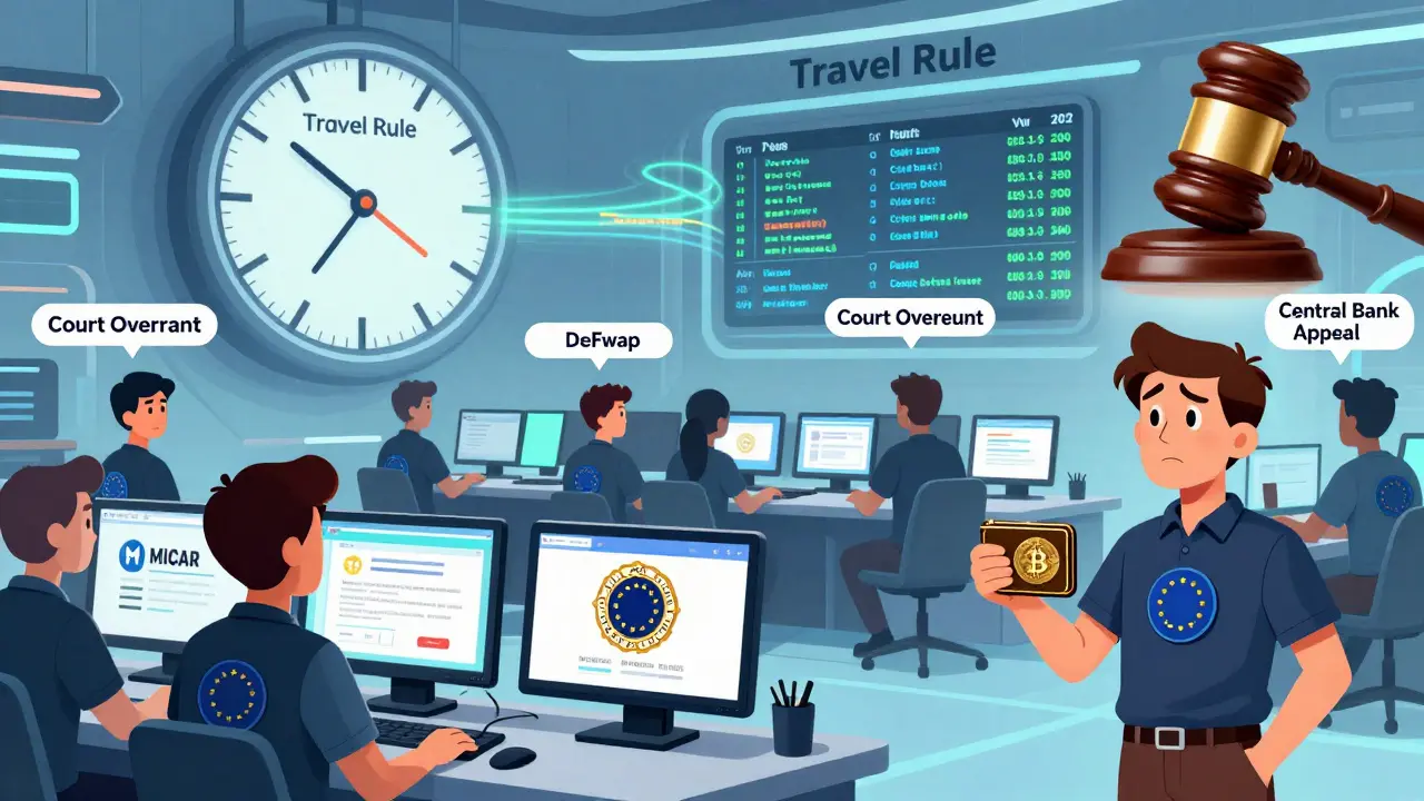 Futuristic crypto marketplace with licensed DeFi apps and a ticking Travel Rule deadline