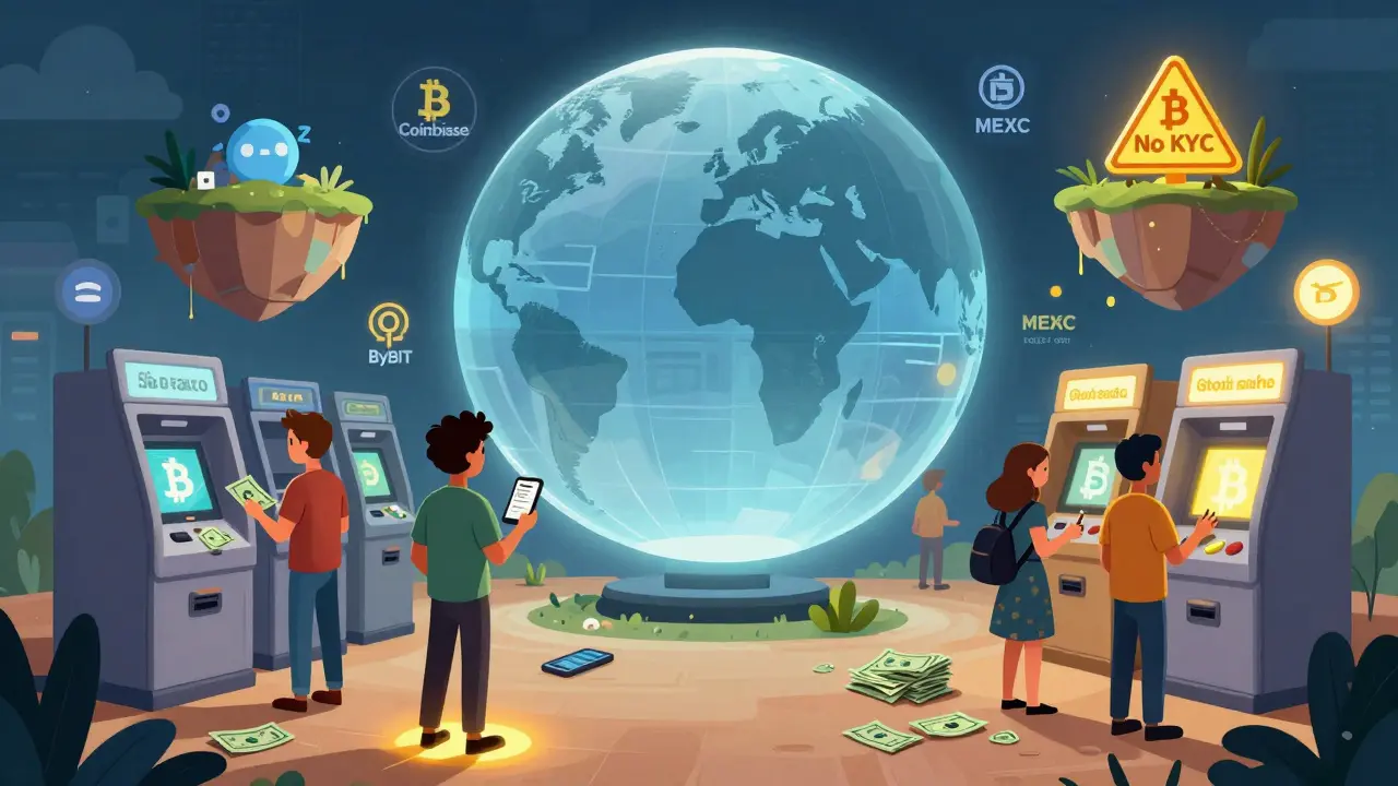 Global crypto exchanges as floating islands beside local Brazilian trading hubs.