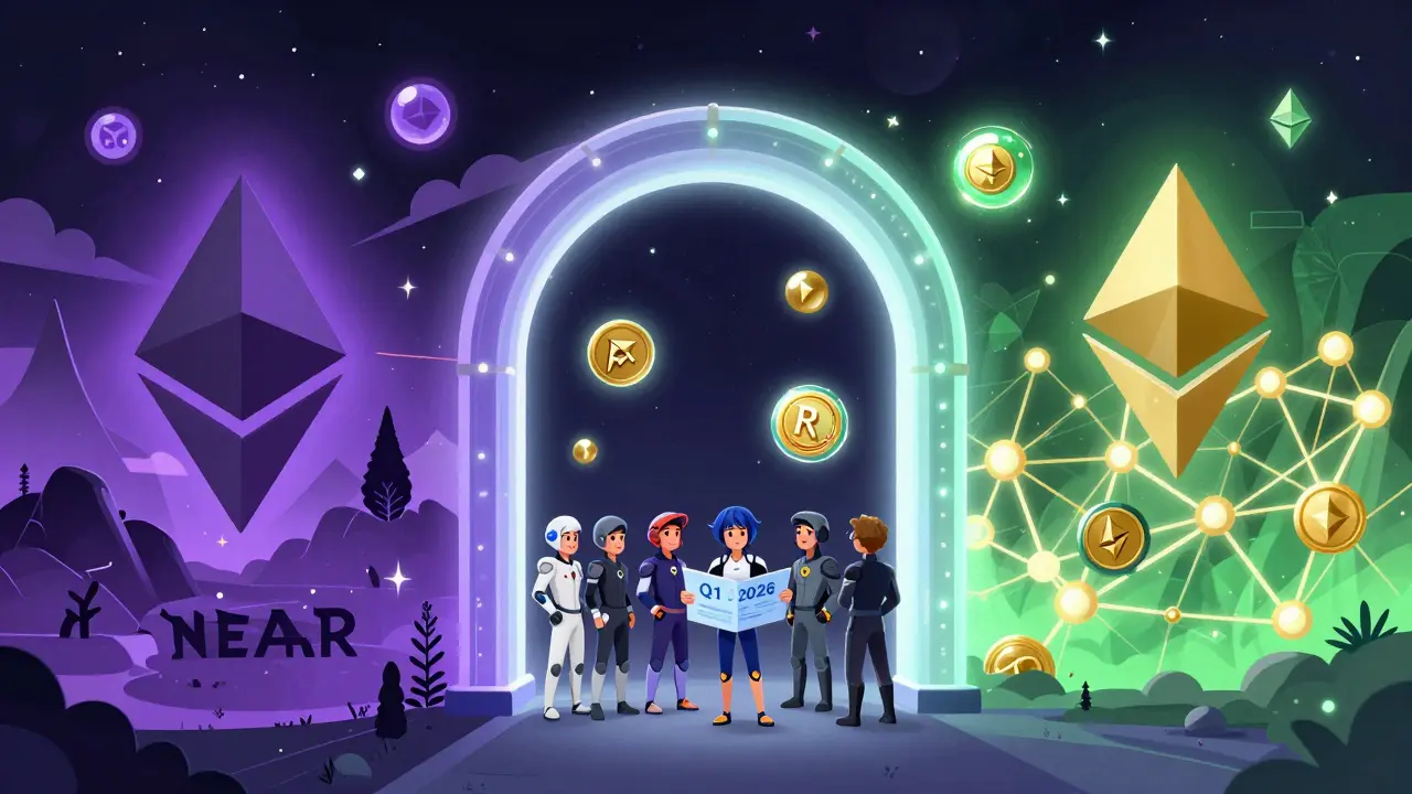 Glowing bridge connecting NEAR and Ethereum blockchains with RHEA tokens crossing between them.