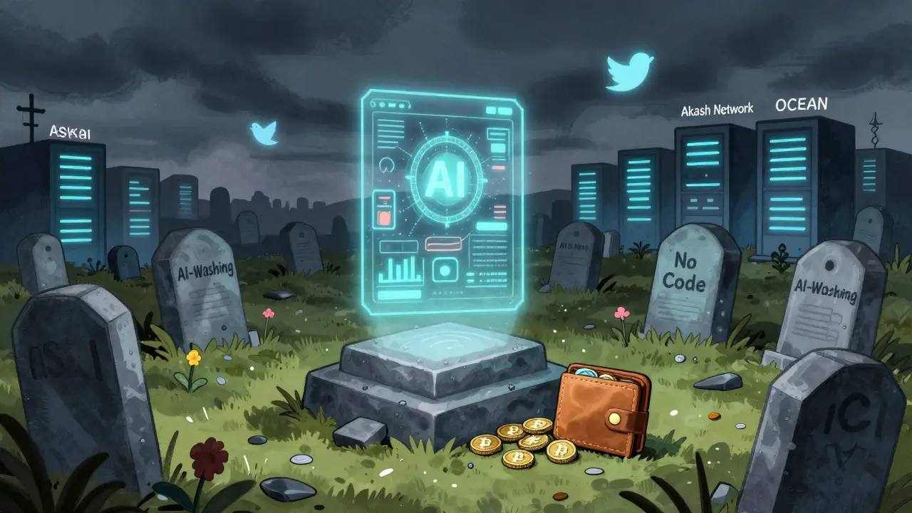 Graveyard of failed crypto projects with a flickering hologram of a broken AI dashboard.