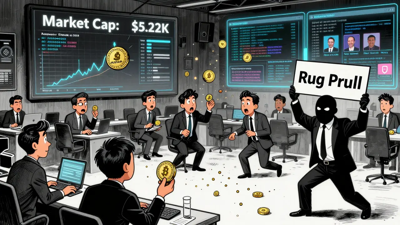 Investors buying tiny ASKAI tokens from a masked figure while real AI projects glow nearby.