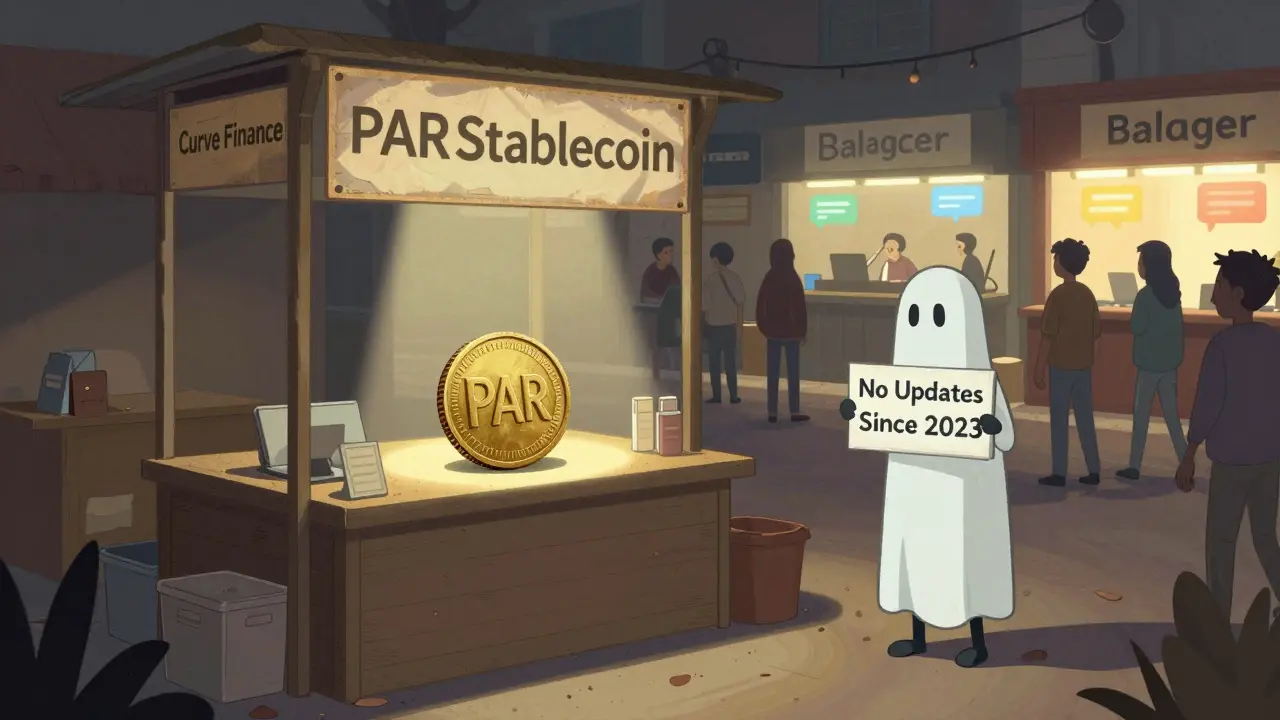 Lonely Euro-pegged stablecoin stall in an empty marketplace while other exchanges thrive nearby.