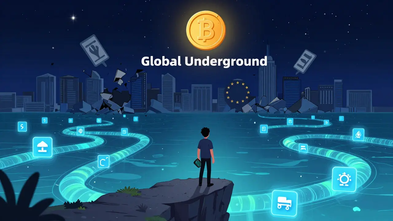 Person on cliff holding wallet, looking toward decentralized networks as EU crumbles behind.