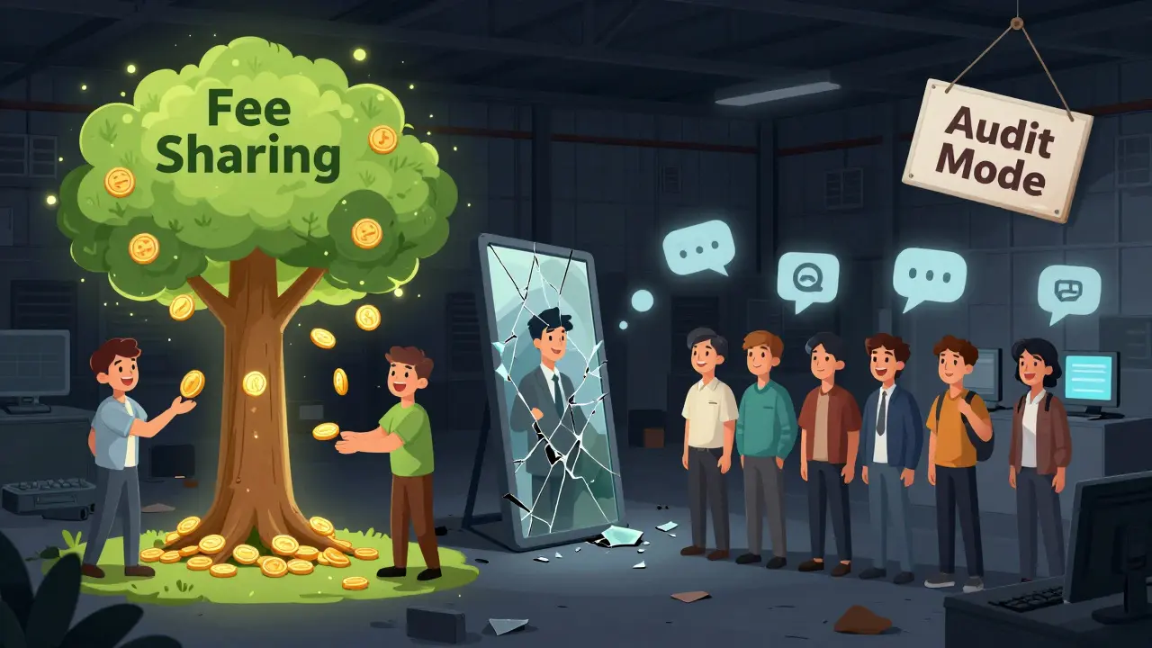 Split scene: happy users receiving token rewards vs. same users in a dark warehouse with ghostly support bubbles.