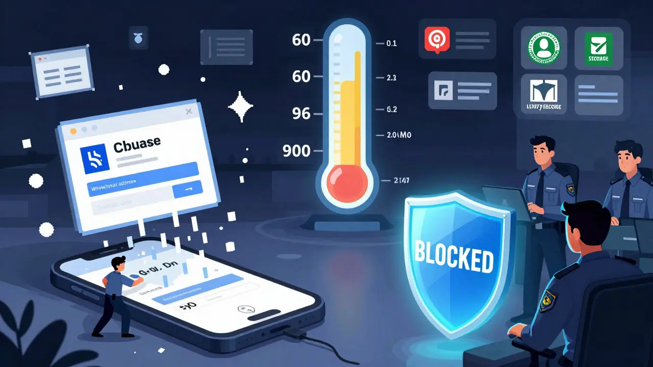 Split scene: phishing attack on left, Coinbase security team blocking it on right, with rising security score and insurance badges in the sky.