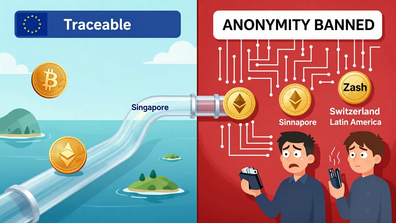 Split scene: transparent Bitcoin flow vs. blocked privacy coins behind a red wall.