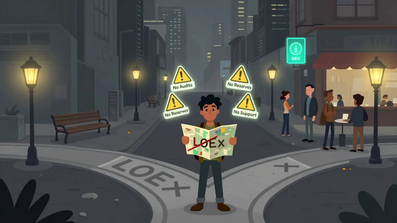 Traveler at a crossroads choosing between a neglected crypto exchange and trusted platforms in a cyberpunk city.