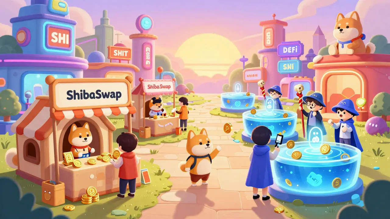 Users trading SHI coins in a whimsical Shiba Inu-themed digital marketplace with a doghouse-shaped exchange kiosk.