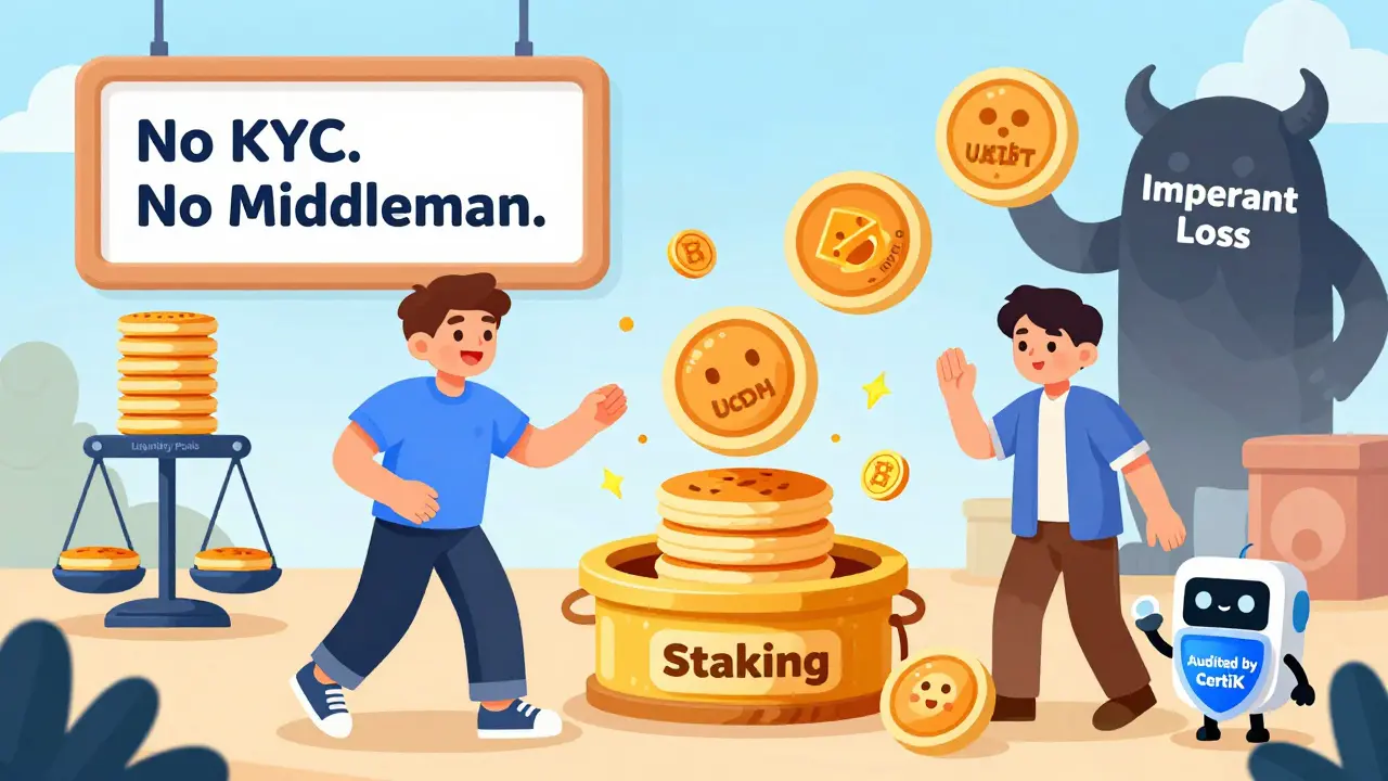 Whimsical marketplace with pancake-shaped tokens being staked and traded, while a shadowy impermanent loss monster watches.