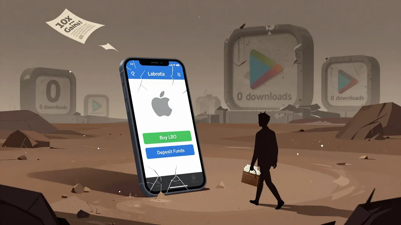 A broken smartphone showing a fake Labrotix app, surrounded by abandoned app store icons.