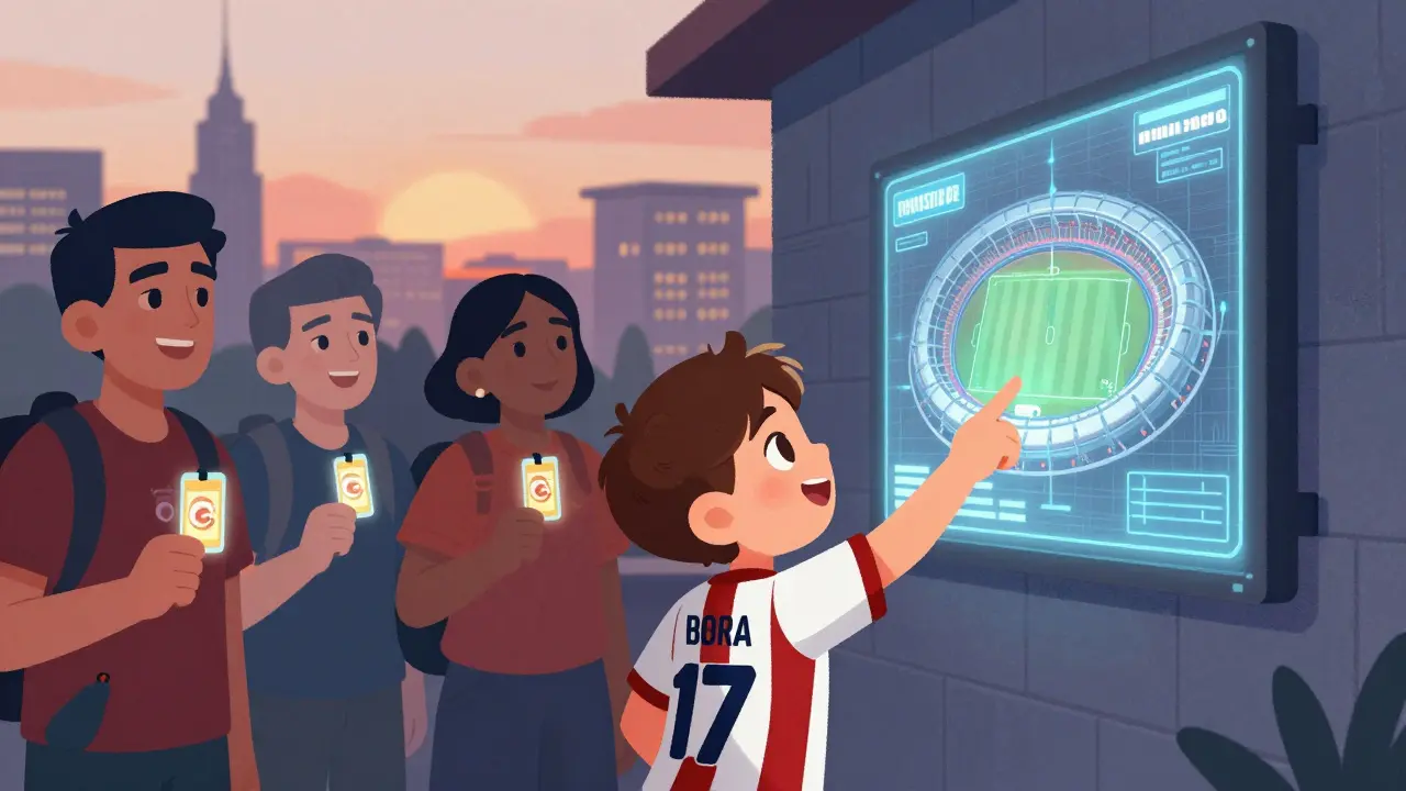 A child watching their voted design come to life on a stadium wall, with smiling fans in the background, symbolizing emotional connection.