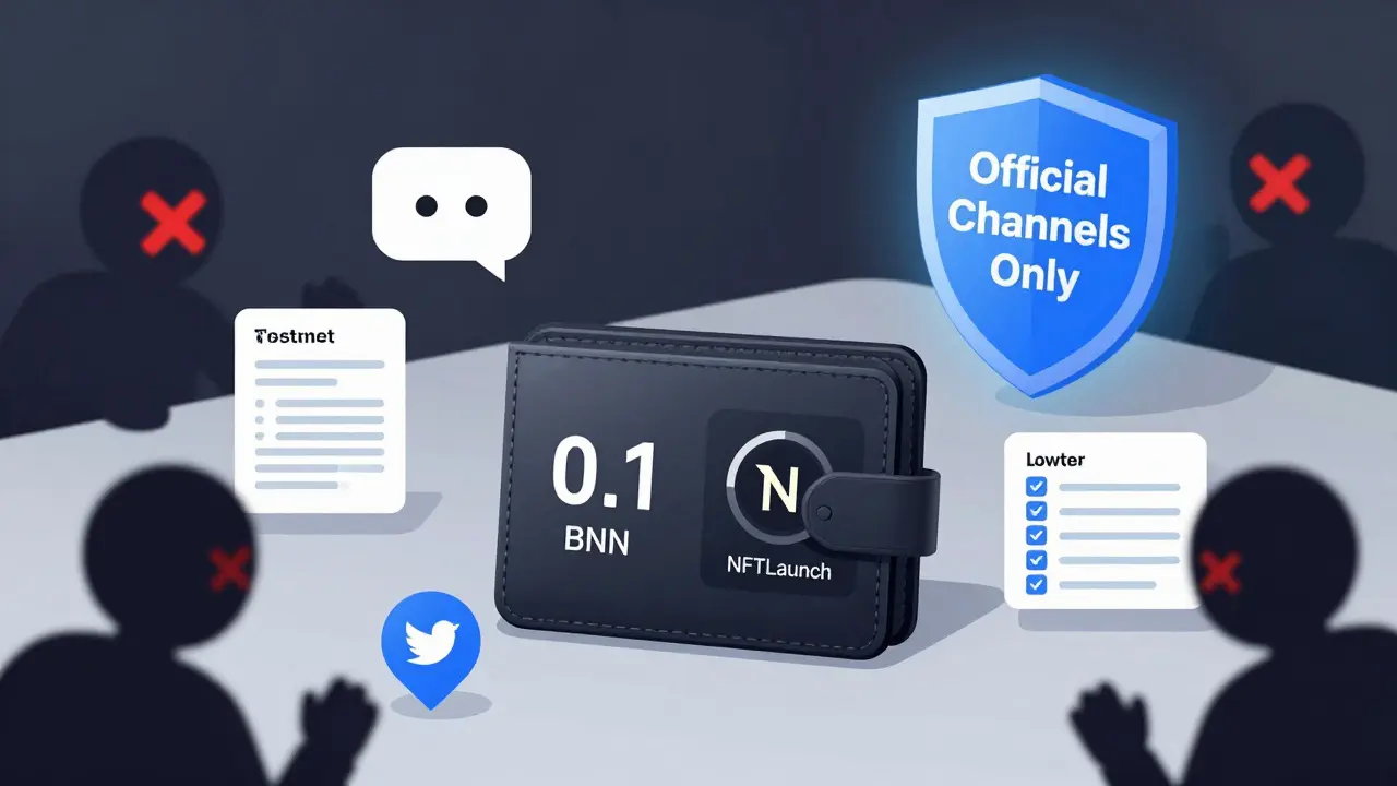 A clean digital wallet with BNB and an NFT, surrounded by participation icons, repelling scam figures with a shield.