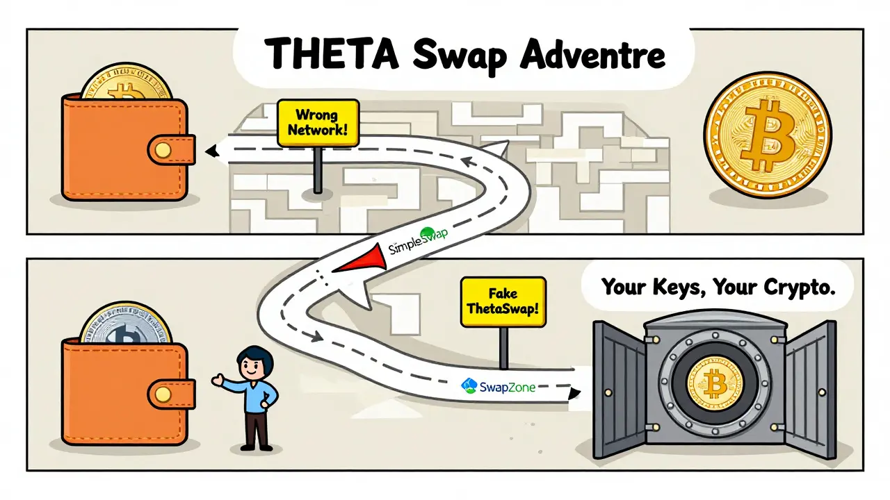 A comic-style path through a maze from Bitcoin to THETA wallet, with warning signs and friendly swap guides leading the way.