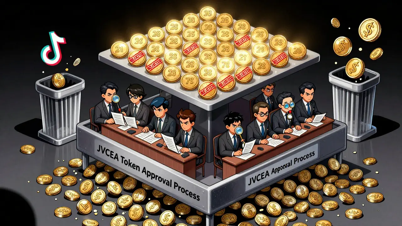 A committee rejecting most crypto token applications, with only a few approved tokens glowing above a pile of discarded projects.