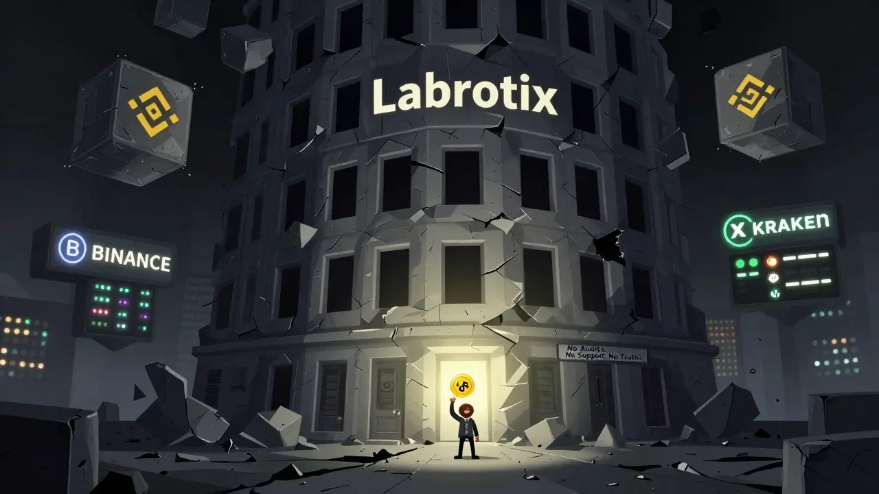 A crumbling Labrotix building with a tiny investor holding a worthless token in darkness.