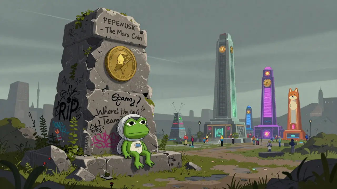 A crumbling monument to PepeMusk covered in graffiti, with a lonely plush frog at its base.