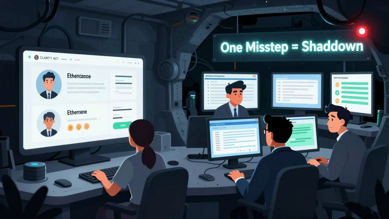 A crypto exchange's surface vs. its hidden compliance bunker staffed by exhausted officers.