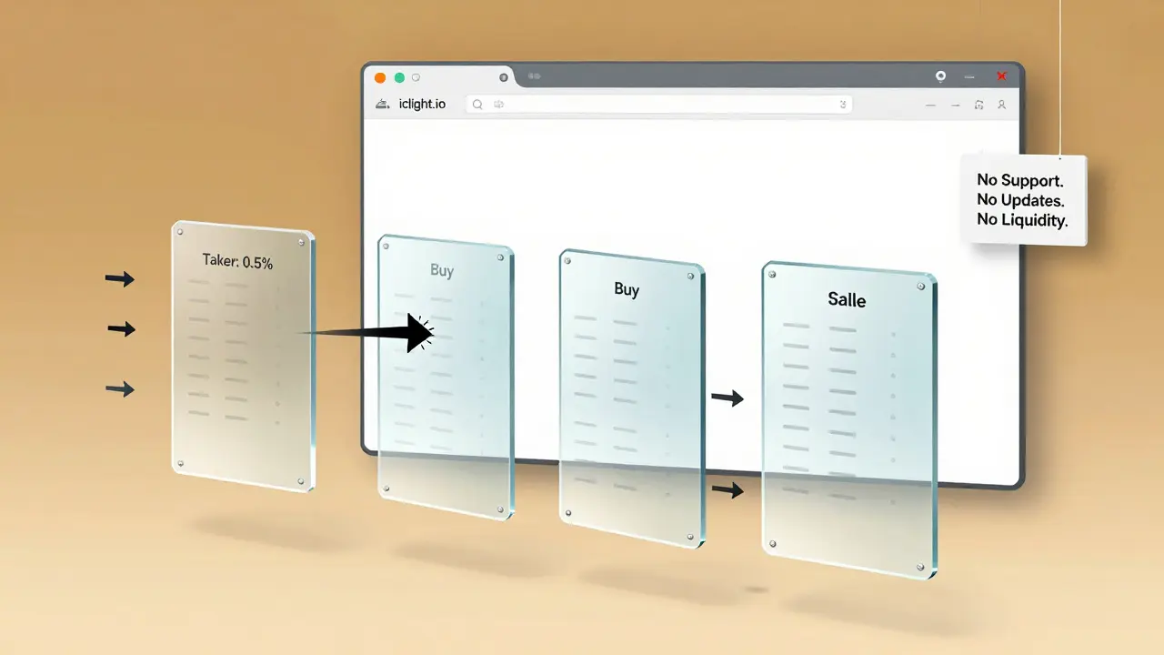 A crystalline on-chain order book with one active trade, floating above an empty ICDex website interface.