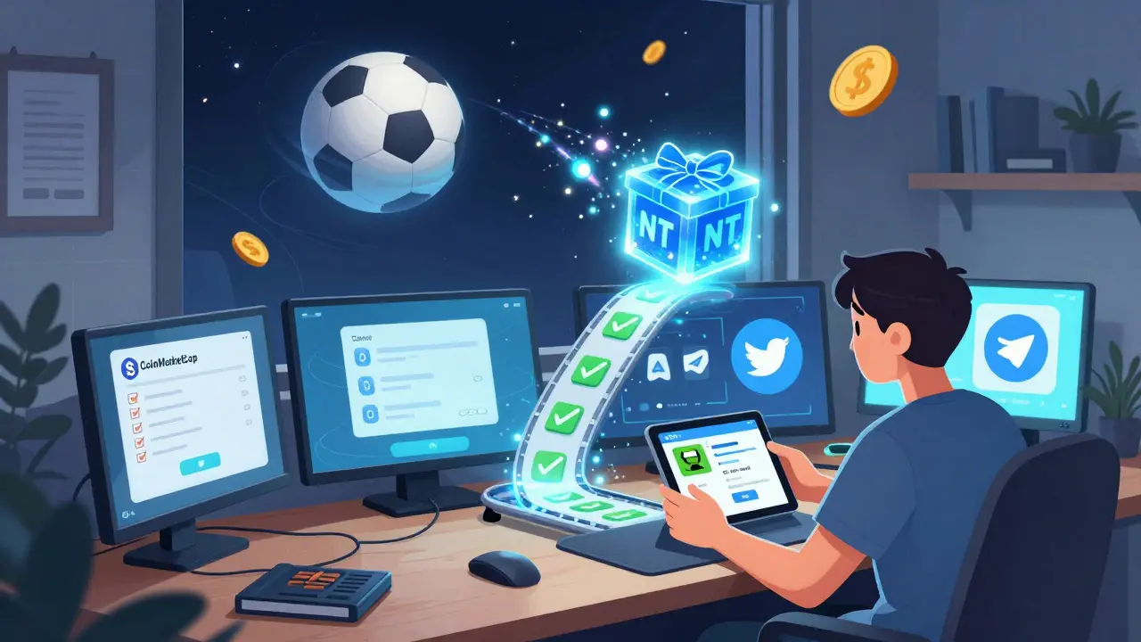 A fan at a desk surrounded by screens, with task checkmarks transforming into a glowing NFT mystery box.