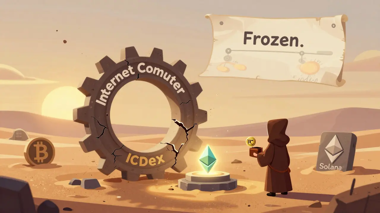 A frozen ICDex logo sits alone in a desert of forgotten crypto tokens, under a blank roadmap in the sky.