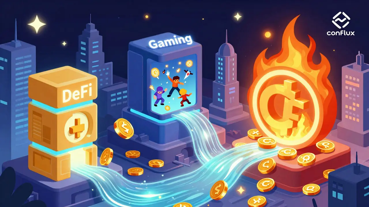A futuristic city built from blockchain blocks with CFX tokens flowing between DeFi and gaming districts, surrounded by burning tokens.