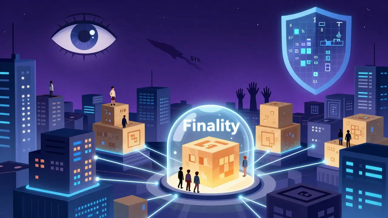 A futuristic city under a BFT finality dome, with 67 digital hands approving while 33 fail, and a 51% attack threat in the distance.