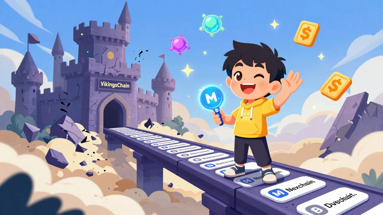 A gamer standing on a bridge of verified crypto projects as VikingsChain crumbles behind.