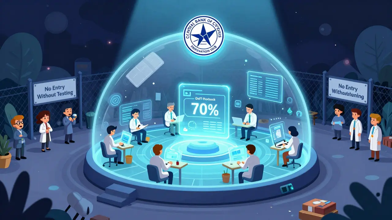 A glowing innovation sandbox in Cyprus where startups test crypto projects under regulatory supervision.