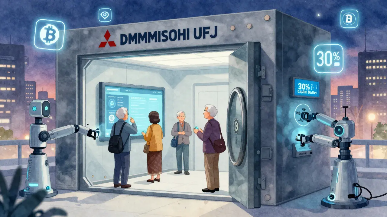 A Japanese bank vault holding cryptocurrency with elderly customers viewing digital assets, surrounded by capital buffer signage.