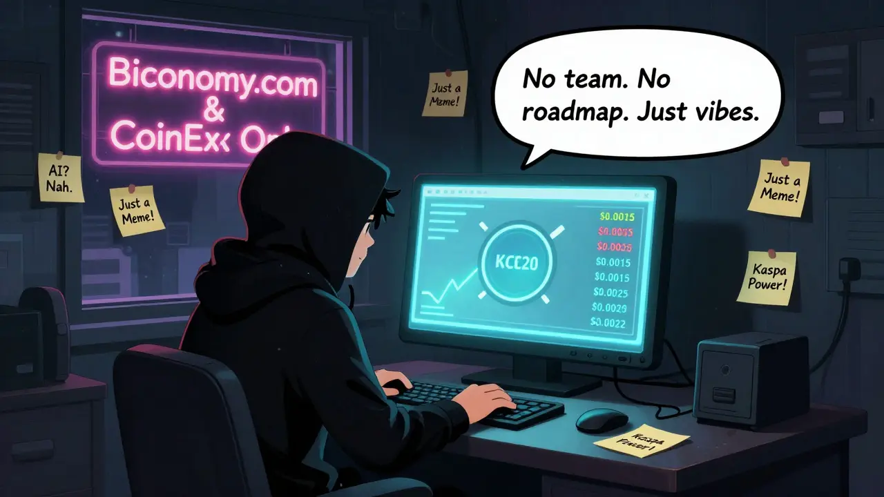 A lone hacker at a terminal surrounded by meme notes, watching GHOAD's wild price fluctuations on screen, with neon exchange signs visible through the window.