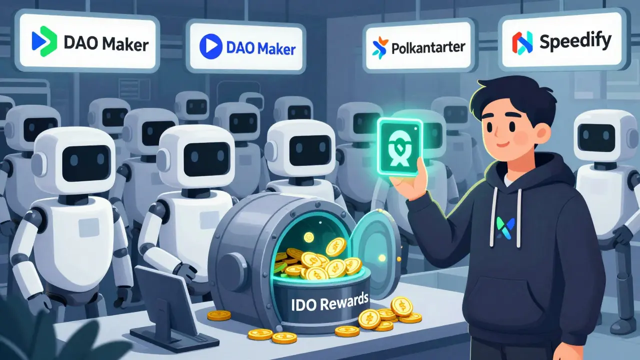 A real user unlocking an IDO vault with NFT badges while bots are filtered out by an AI gatekeeper.